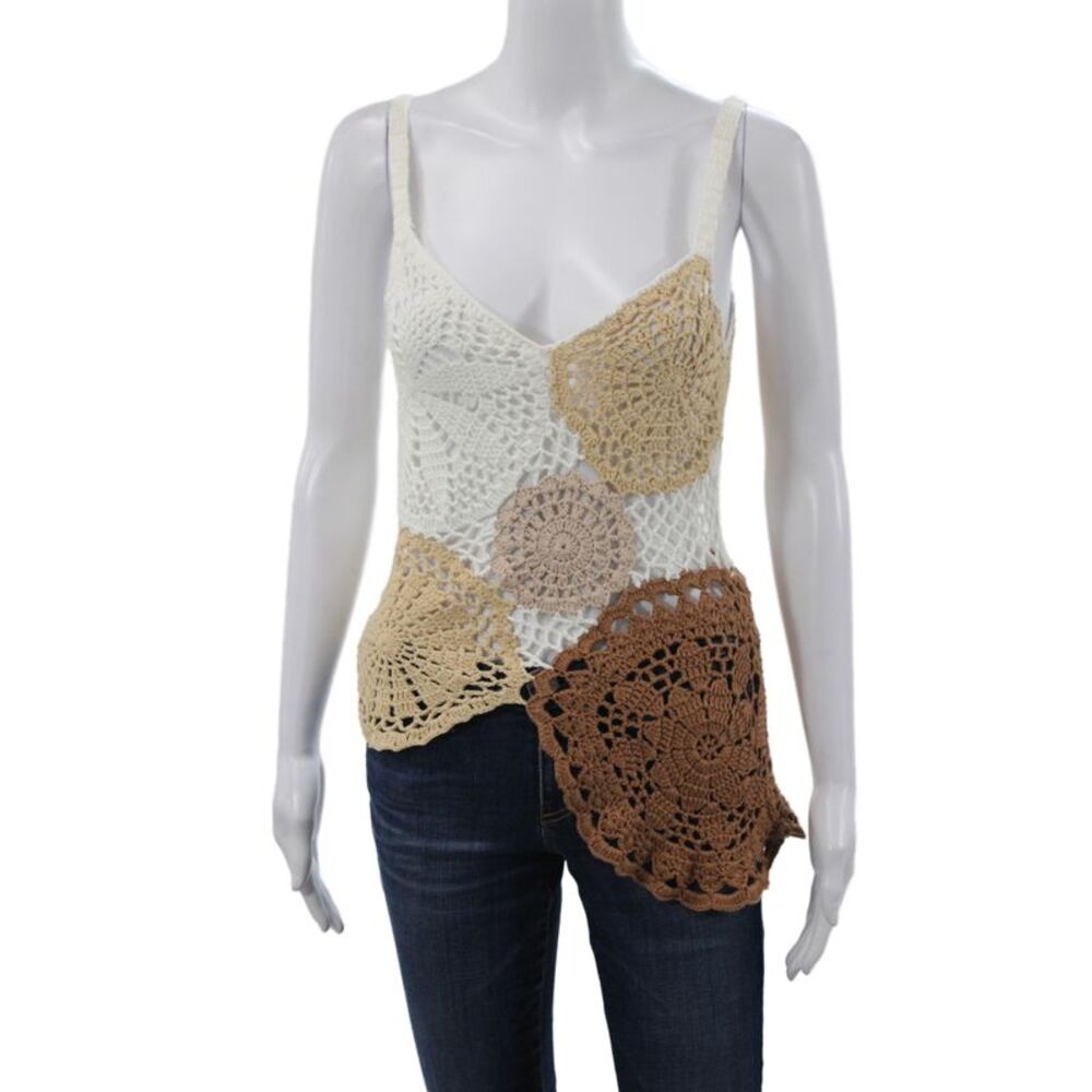 Tularosa Women V-Neck Colorblock Cotton Camisole Beige Sleeveless Size S